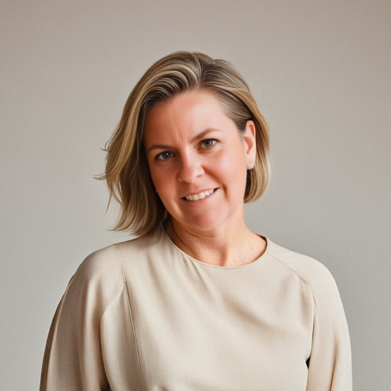 Smiling woman with short blonde hair wearing a beige top against a plain background.