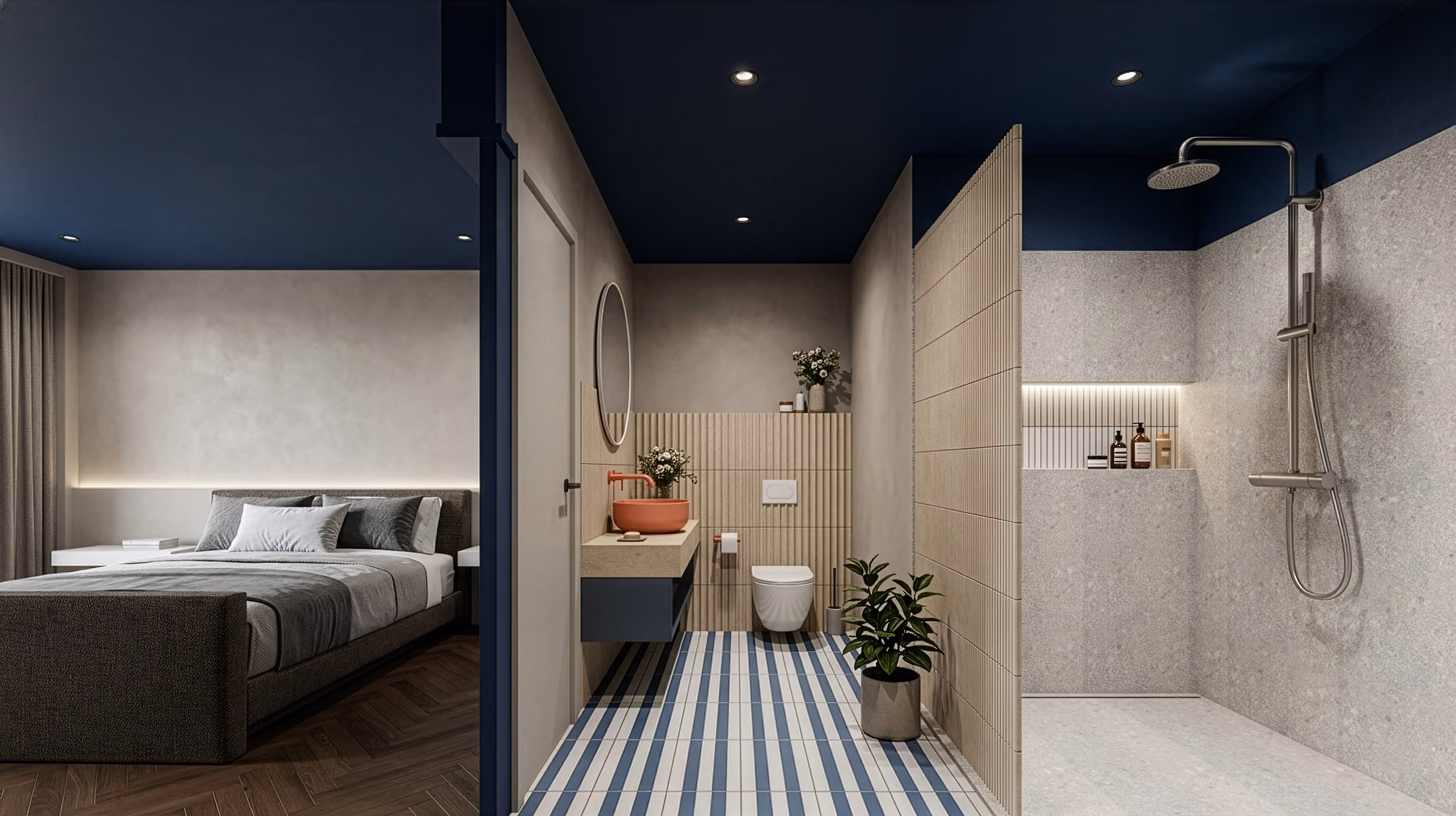 Modernes Badezimmer mit Walk-in-Dusche und Design-Waschtisch in den ODA Suites mit hochwertiger Materialität und ruhiger Farbgestaltung
