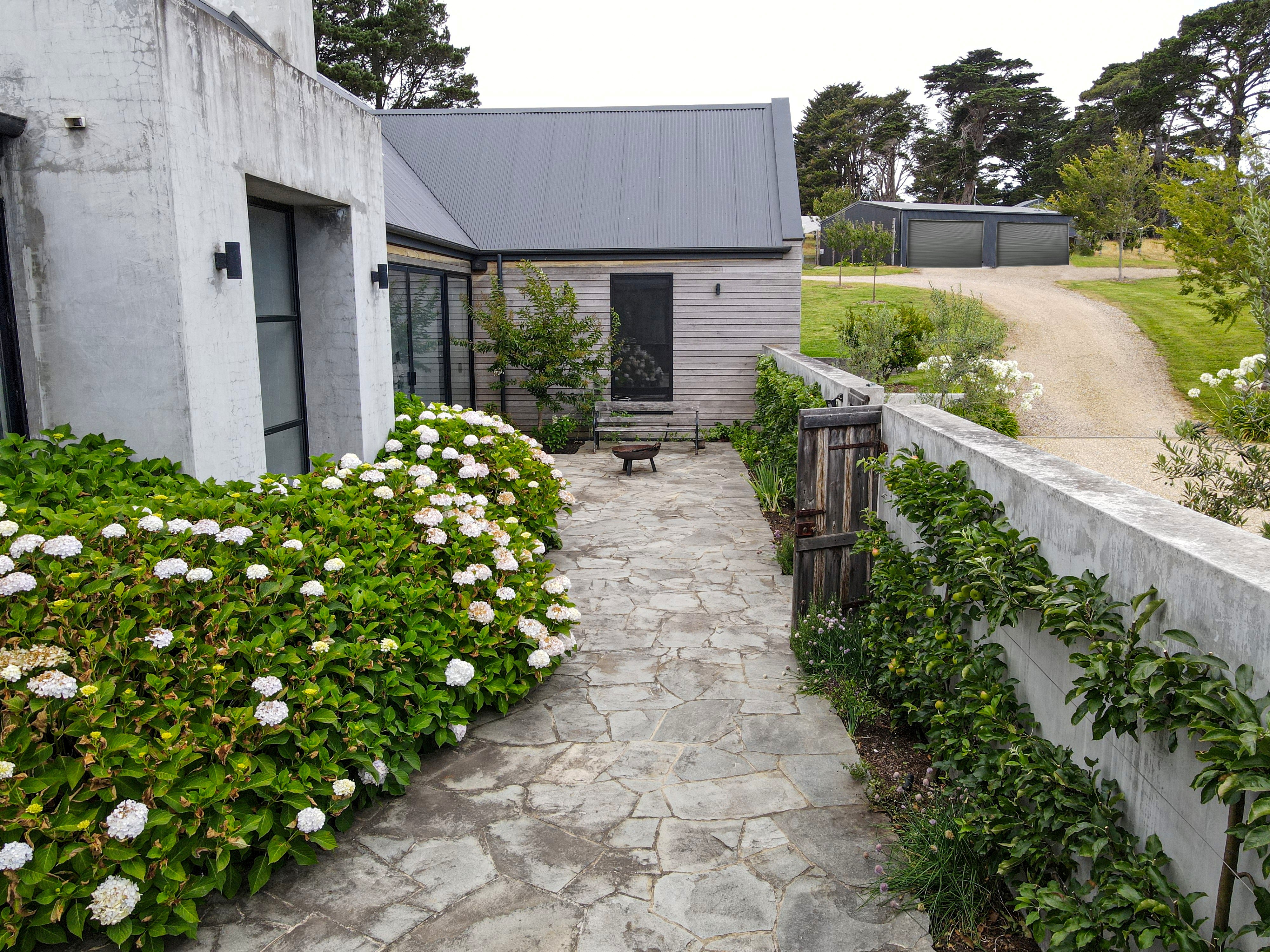 Stone pathway between a concrete wall with green plants and a house with grey siding and a grey roof, leading to a wooden gate and a gravel driveway.