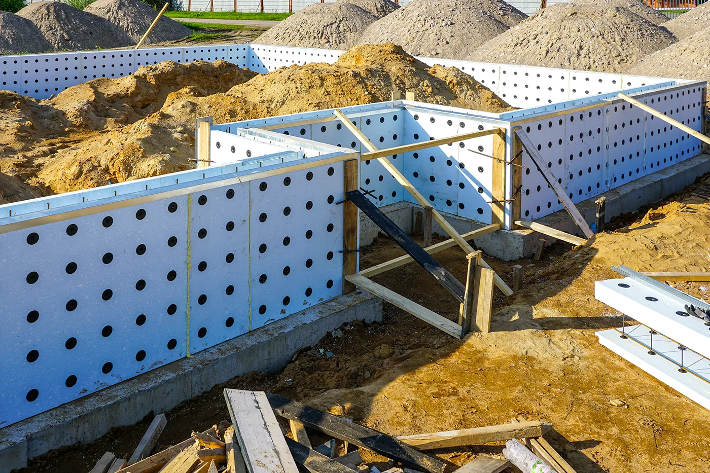 Florida Building Contractors foundation construction using insulated concrete form (ICF) blocks with perforated white panels, rebar, and concrete base in excavated site for a durable Tampa Bay area home build.