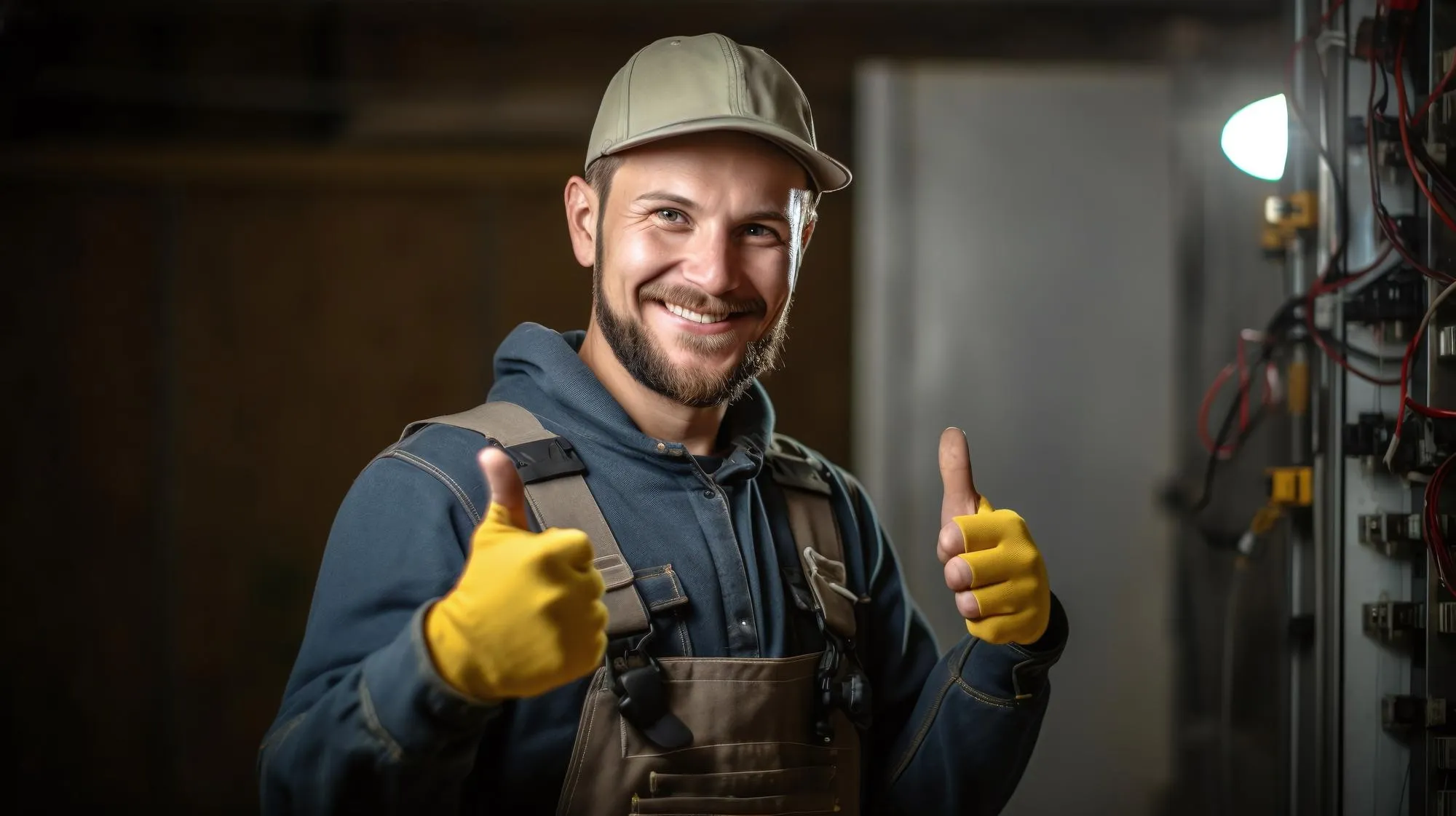 Zadovoljni električar z rumnimi rokavicami kaže palec gor pred razvodnim omarem kot znak kakovostno opravljene elektroinštalacije