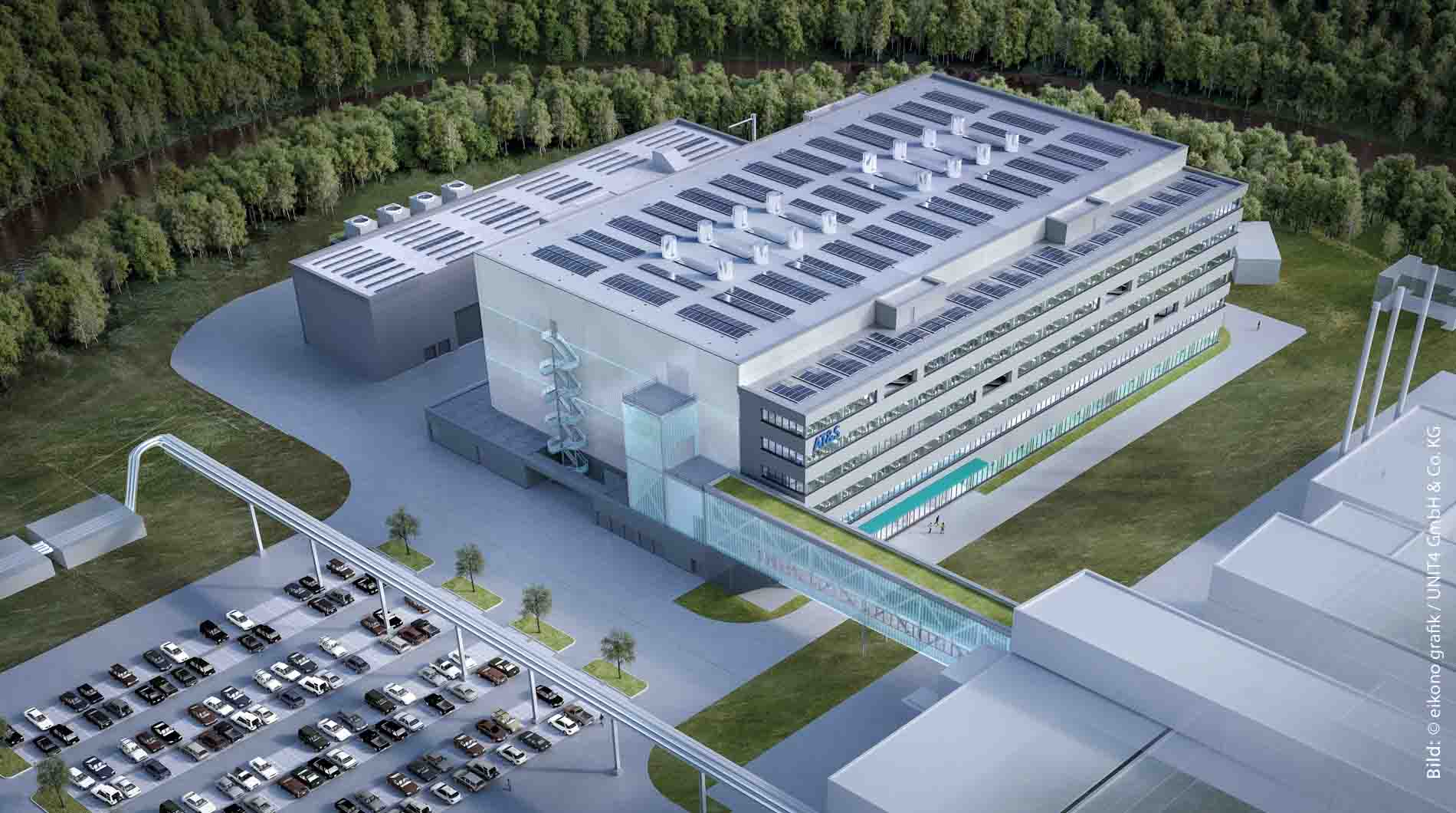 Kabelski most z množico sivih in zelenih PROFINET kablov v industrijski hali z rdečo jekleno konstrukcijo