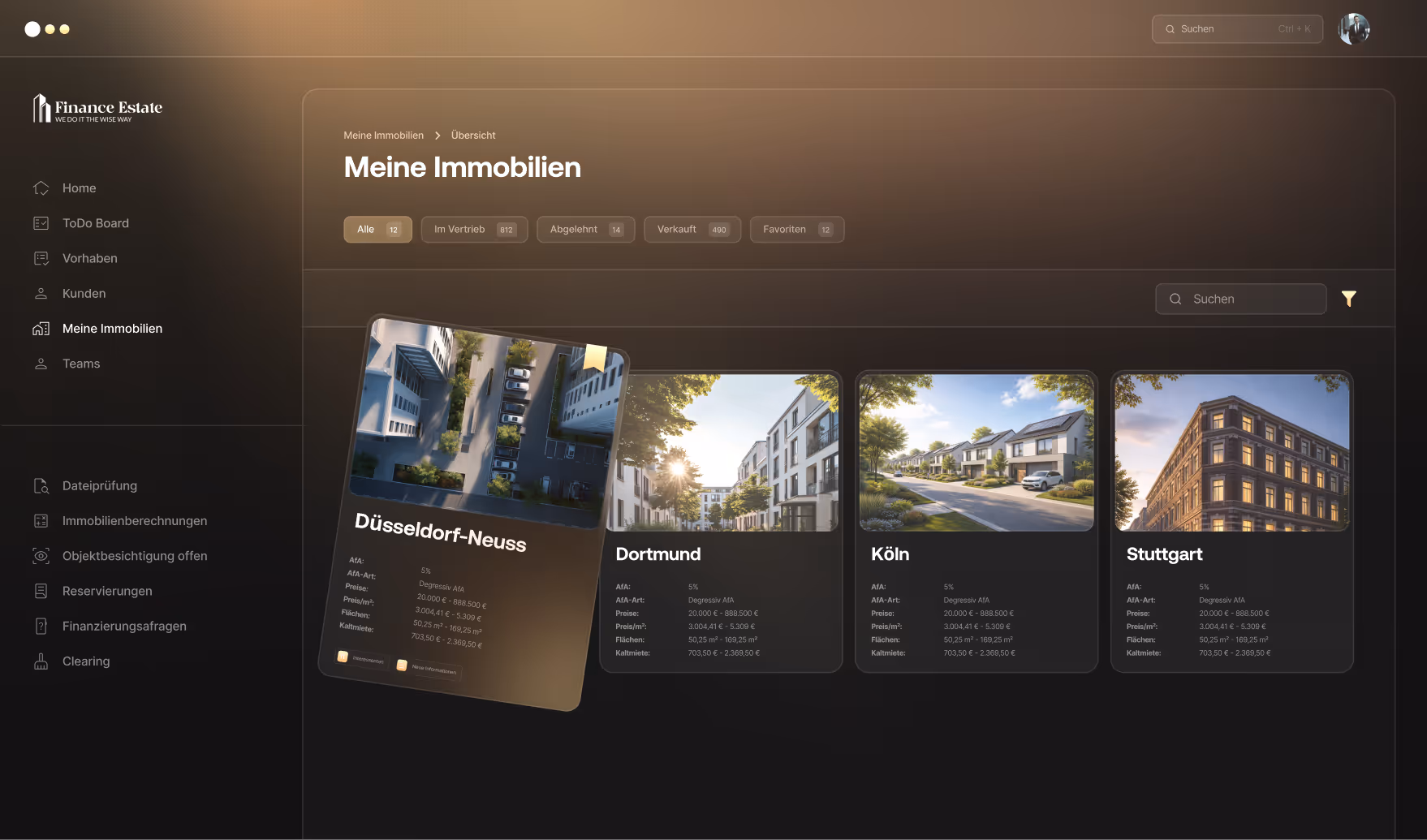 Volldigitale Benutzeroberfläche der Finance Estate Plattform mit einer Übersicht aktueller Immobilienprojekte in verschiedenen Städten.