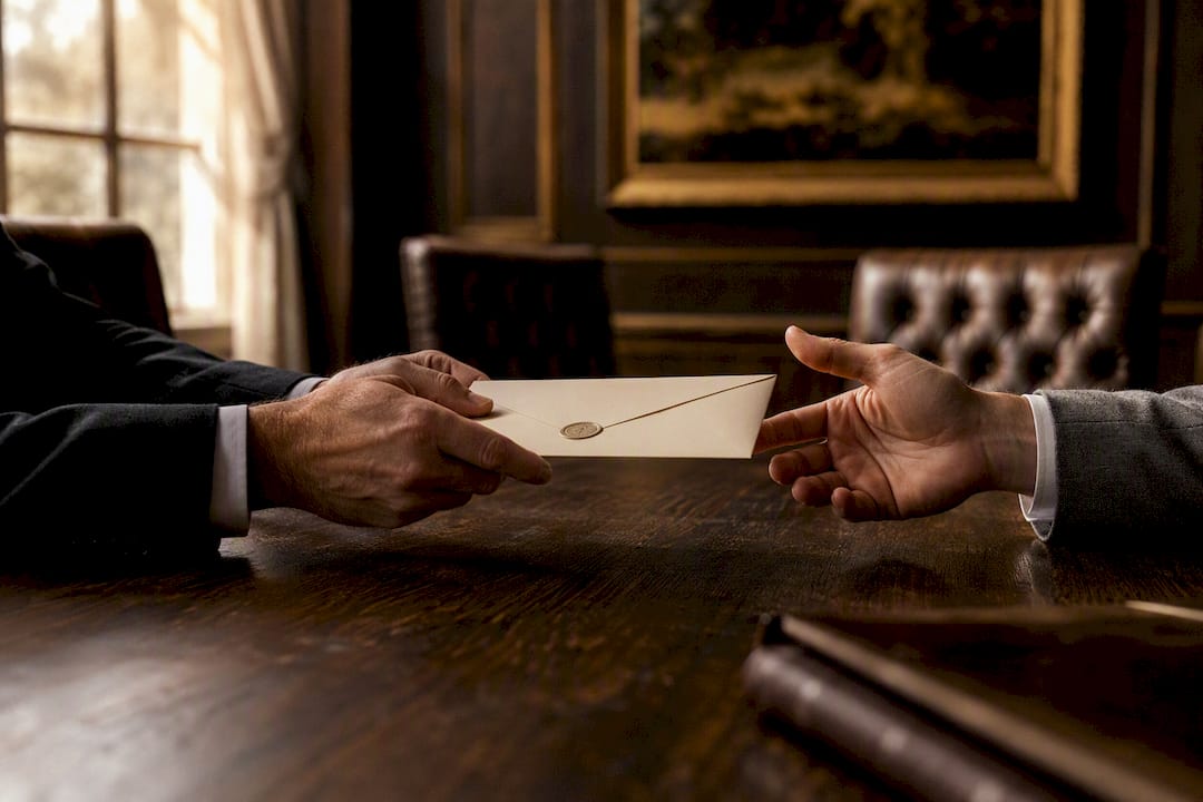 Main tendant une enveloppe scellée au-dessus d'une table en bois