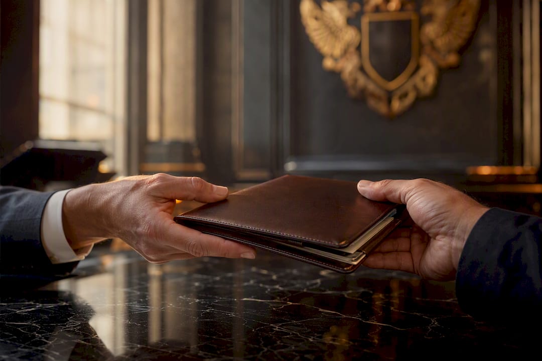 Mains échangeant des documents dans un porte-documents en cuir