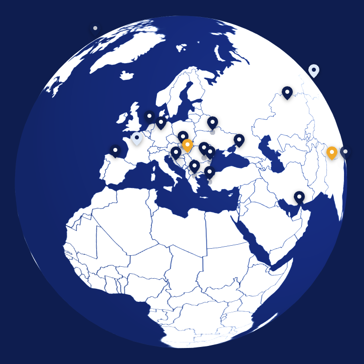 3d globe with PETKUS location pins