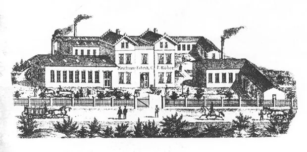 Black and white drawing of an old factory building with smokestacks and people walking and riding horses outside.