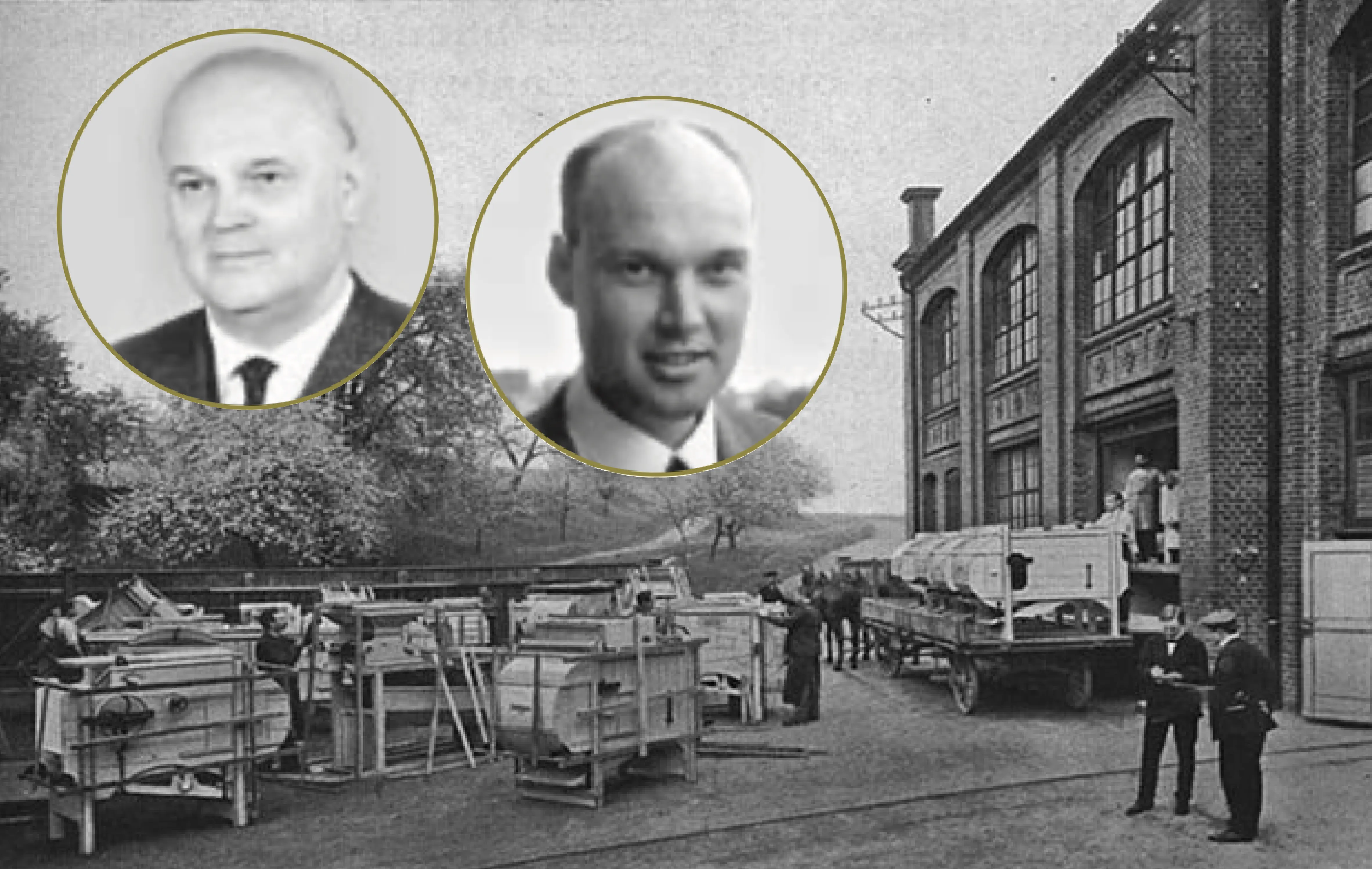Black-and-white historic photograph showing a group of workers assembling or inspecting large machinery or equipment outdoors near a brick industrial building, with two circular inset portraits of men in suits above the scene.