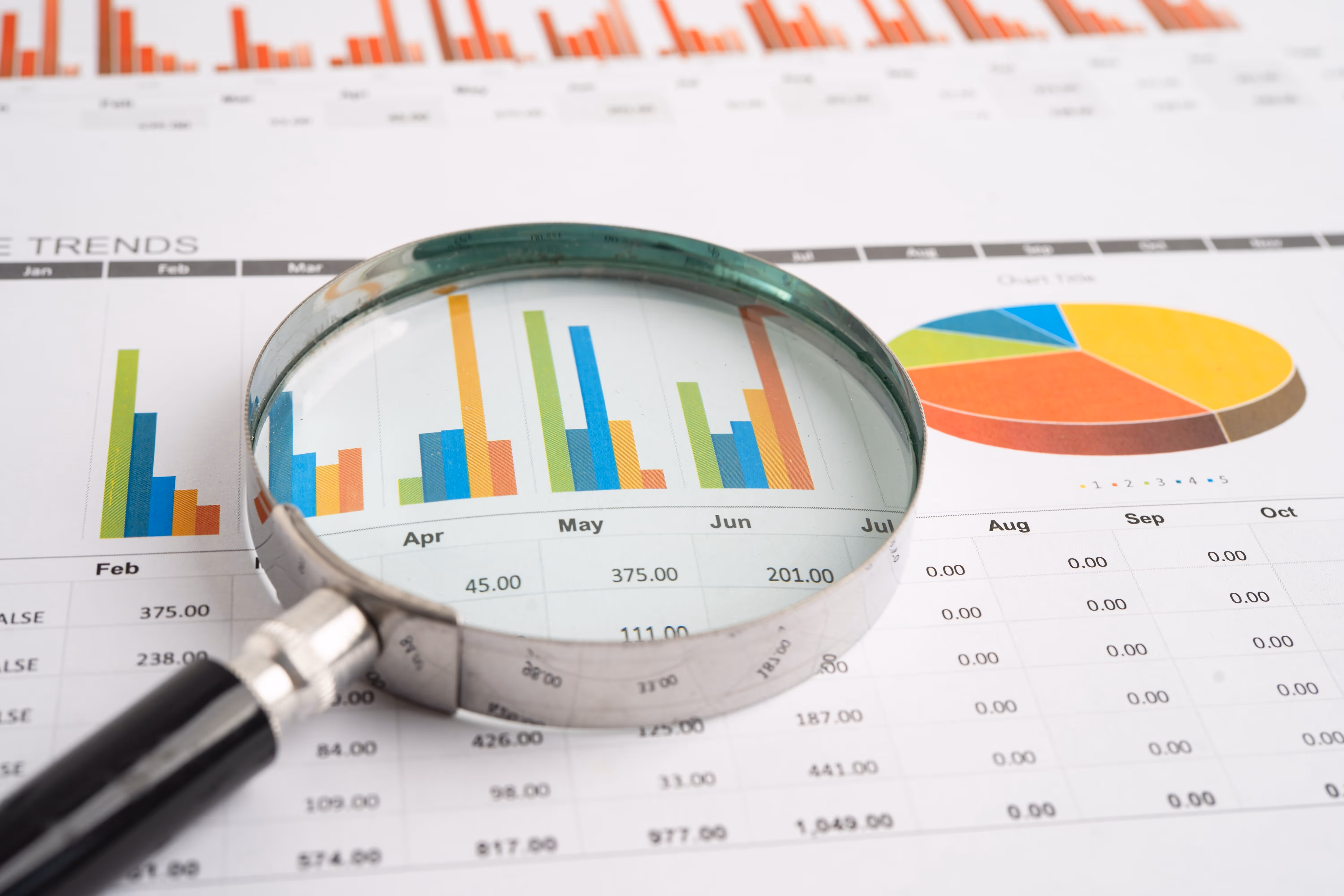 a magnifying glass lies on a charts of figures on a sheet of paper