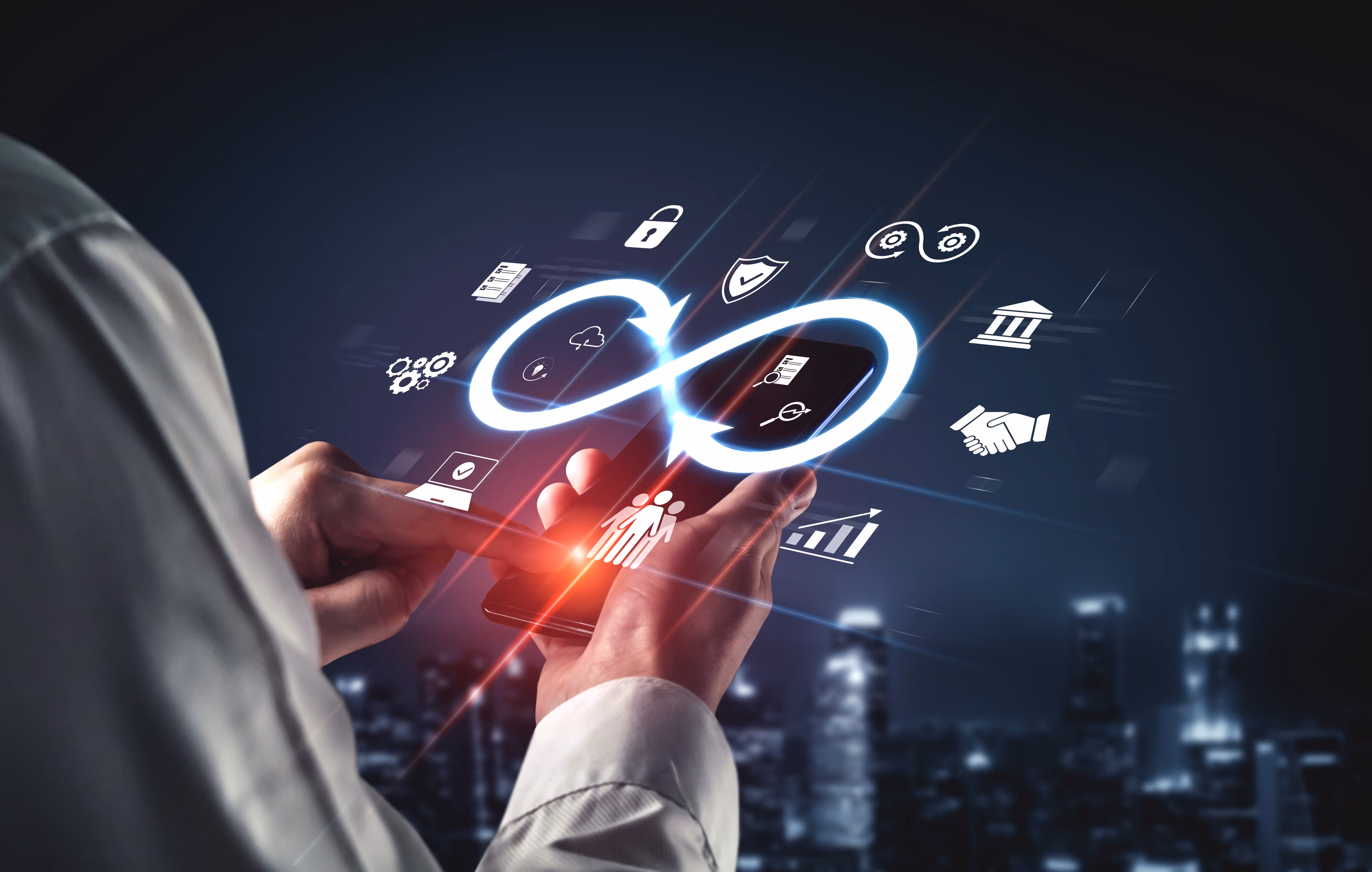 A graphical illustration of icons displayed over her phone