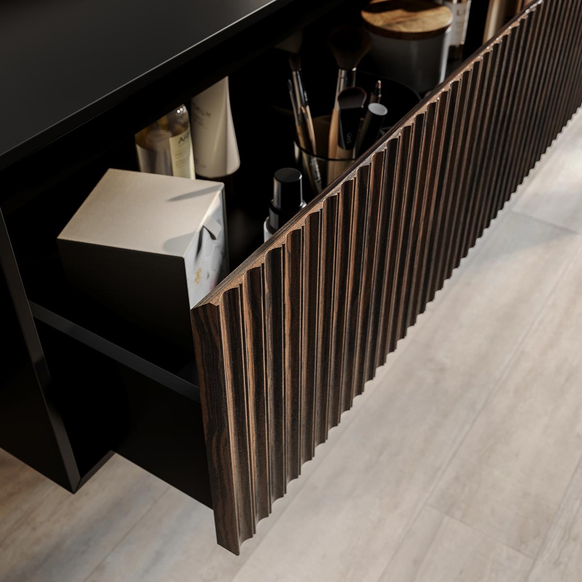 Frézovaná drevená dyha 4Design na nábytkových dvierkach