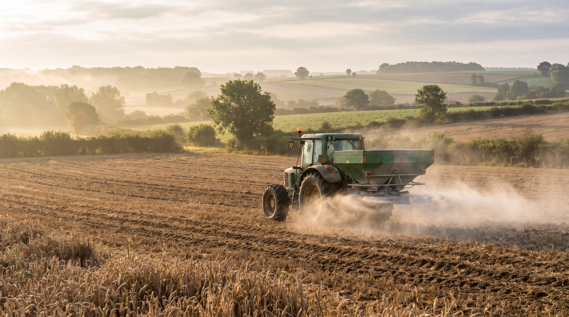 Tracteur et épandeur centrifuge répandant du calcaire broyé sur un chaume de céréales en interculture