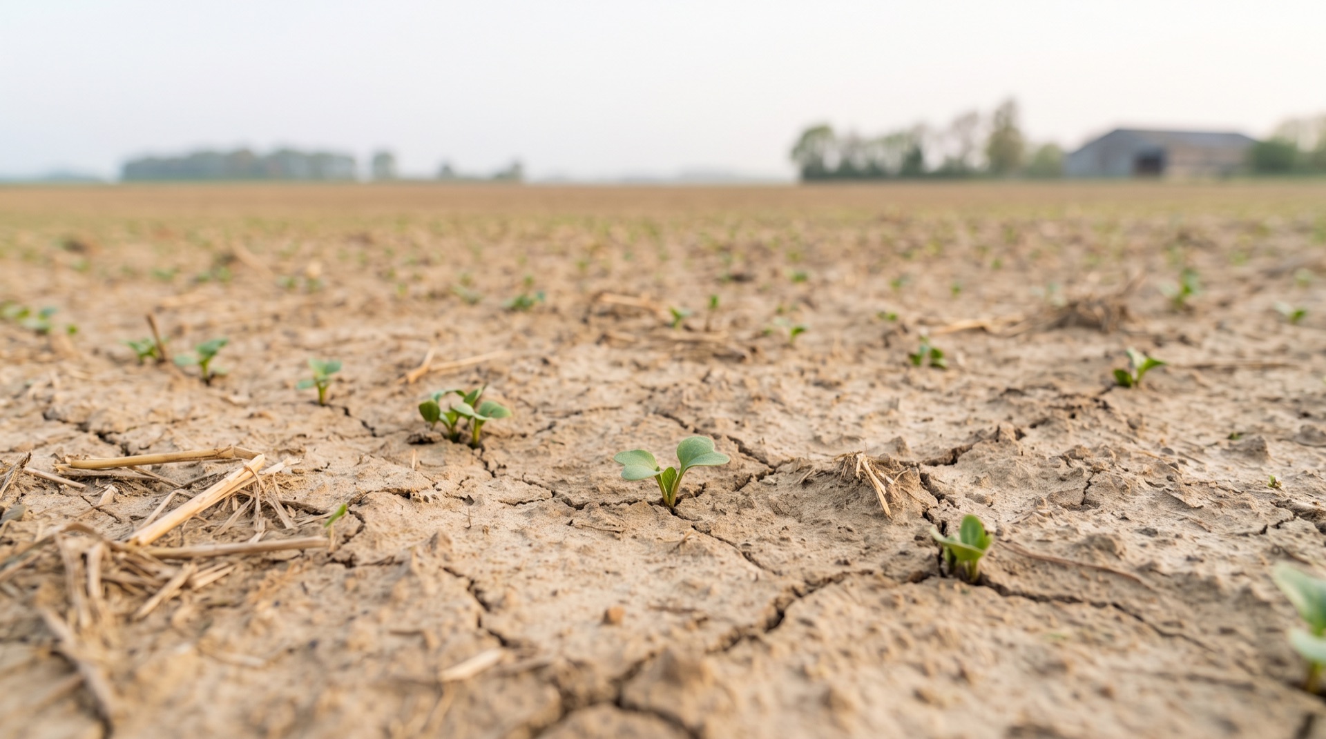 Sol limoneux avec une croûte de battance craquelée après la pluie et de jeunes plantules qui peinent à lever
