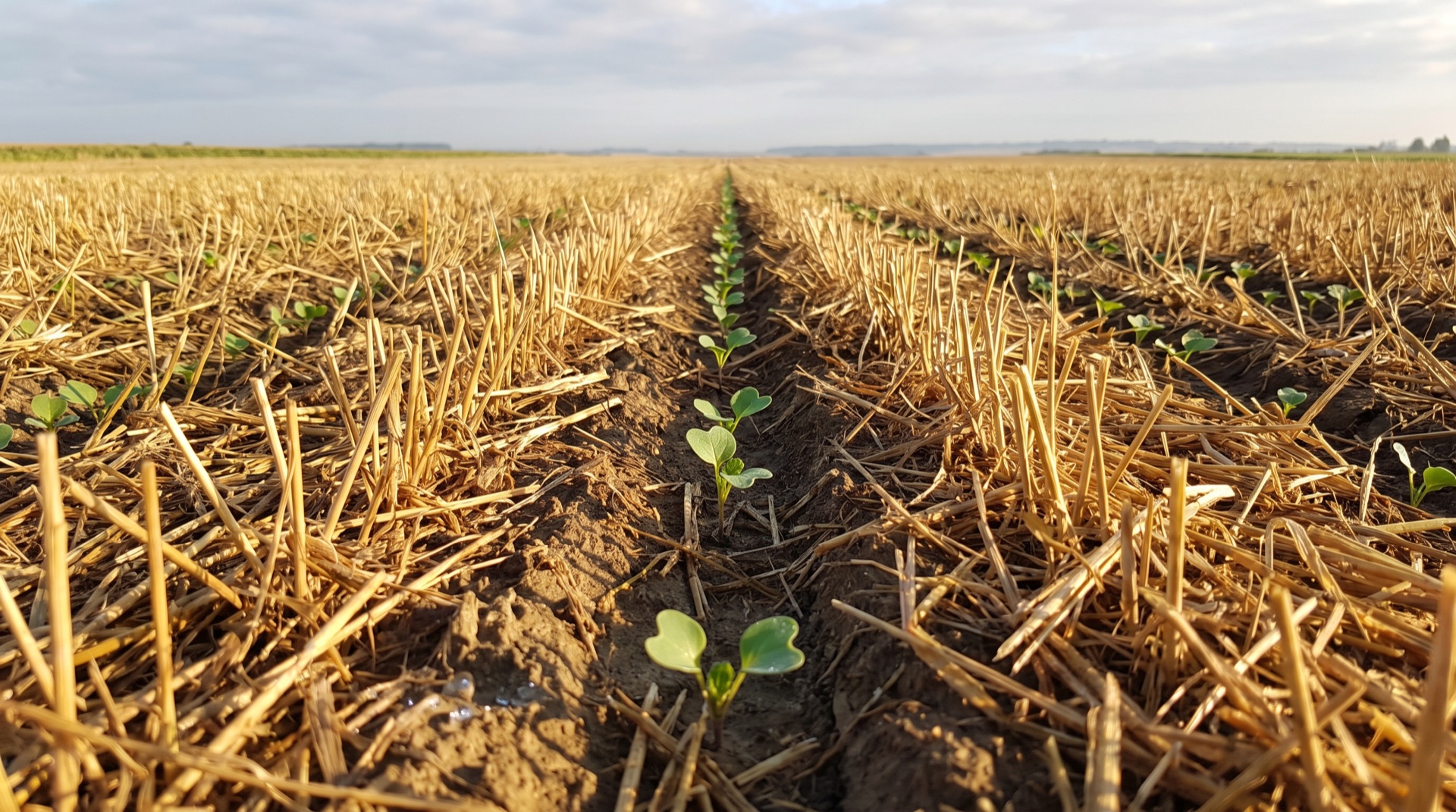 Jeunes plants de colza levés en lignes dans les chaumes de blé après un semis direct