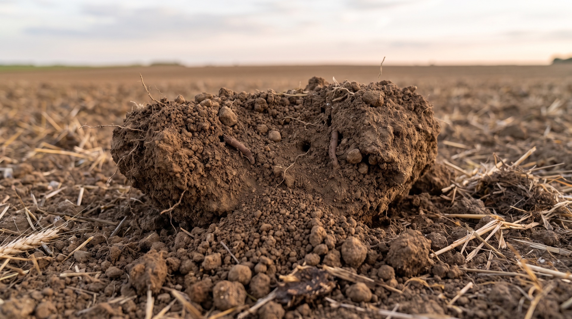 Motte de terre brune grumeleuse avec agrégats, racines fines et galeries de vers de terre