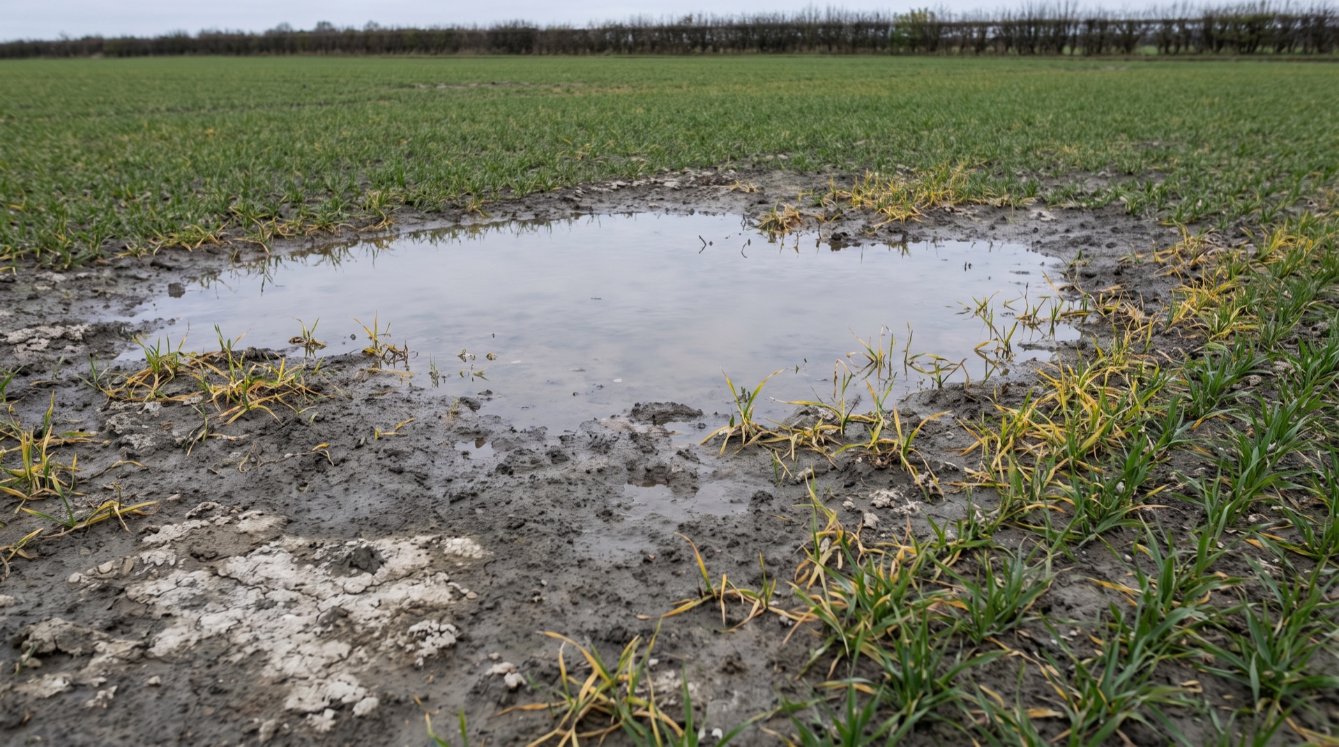 Parcelle de blé levé avec une flaque persistante et des plantules jaunies en zone basse