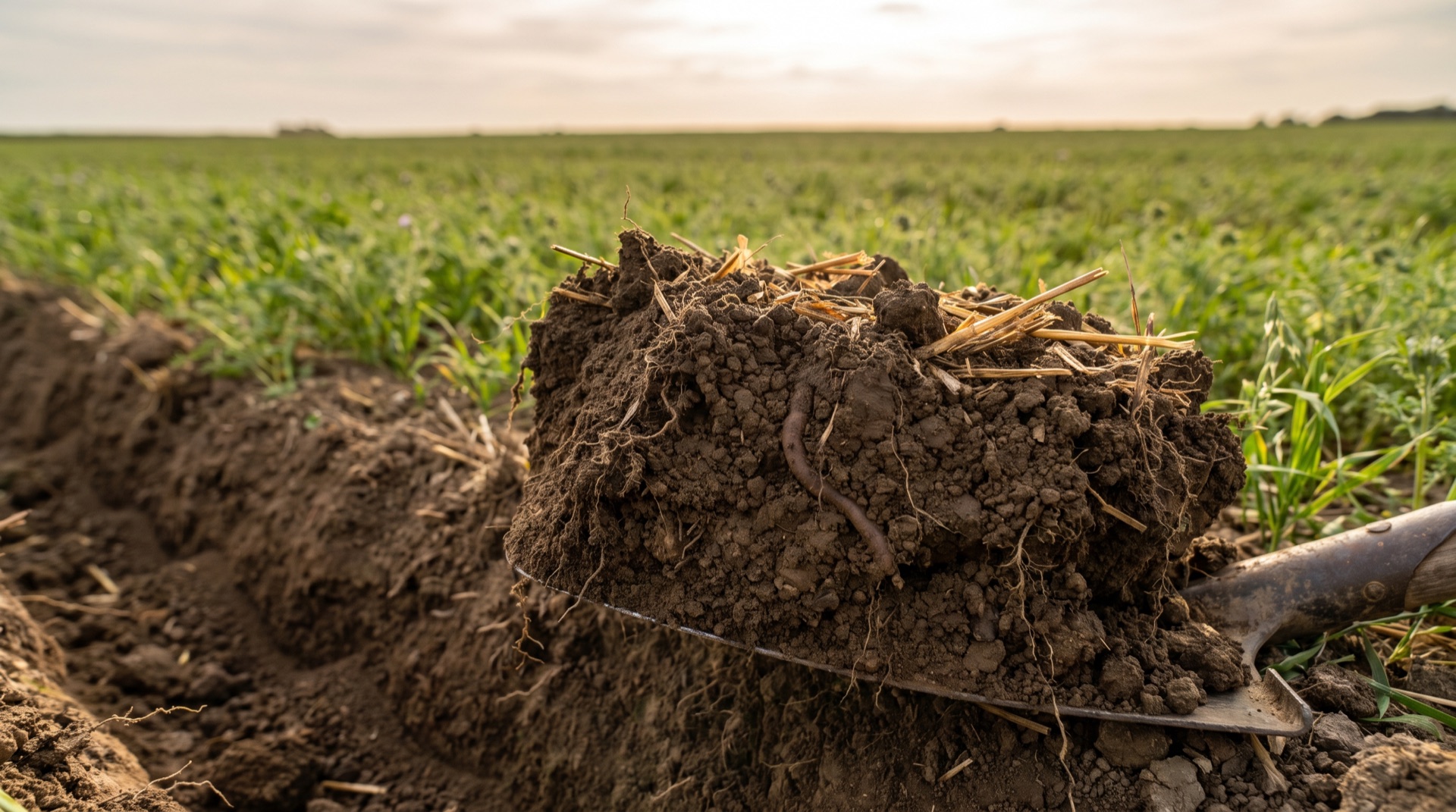 Motte de terre cultivée brune et grumeleuse avec racines, galeries de vers et résidus de paille