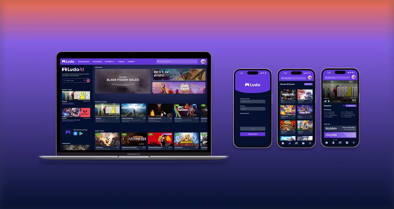 ludo thumbnail with laptop screen and 3 phone screens showing final UI of the product