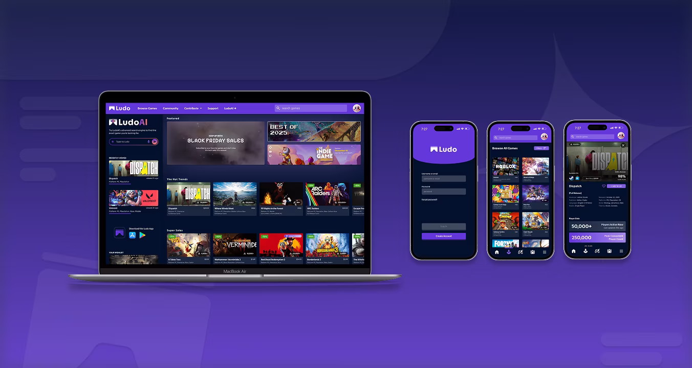 ludo thumbnail with laptop screen and 3 phone screens showing final UI of the product