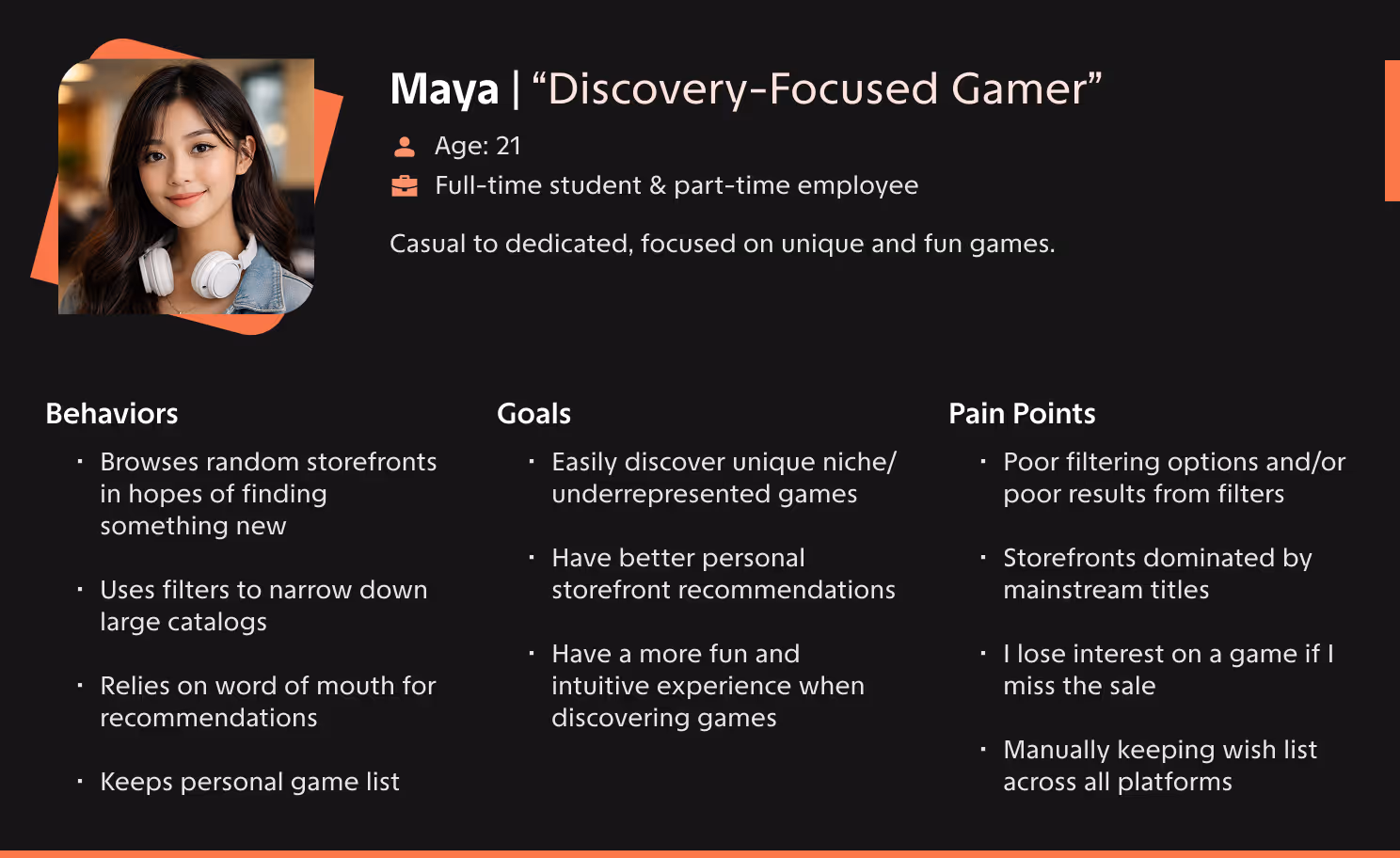 User persona Maya as a discovery-focused gamer