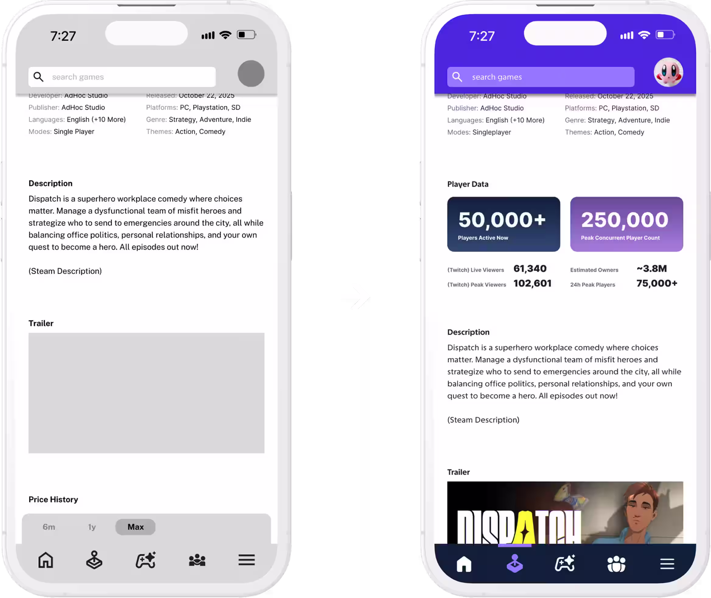 low-fidelity prototype of game game page stats to high-fidelity game page stats