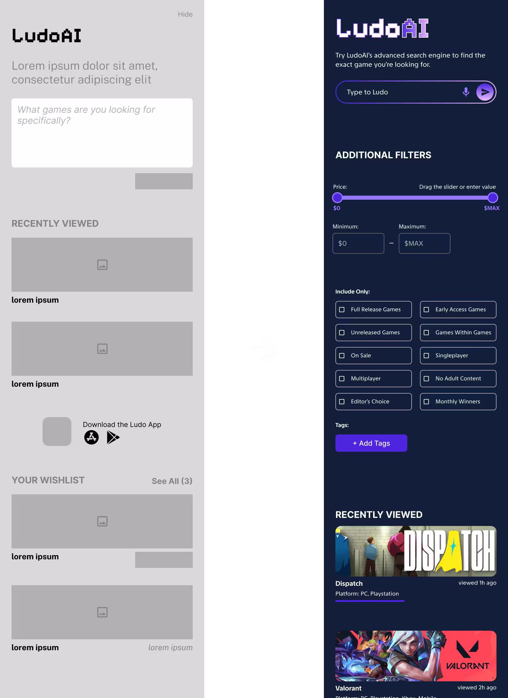 low-fidelity prototype of desktop sidebar to high-fidelity sidebar