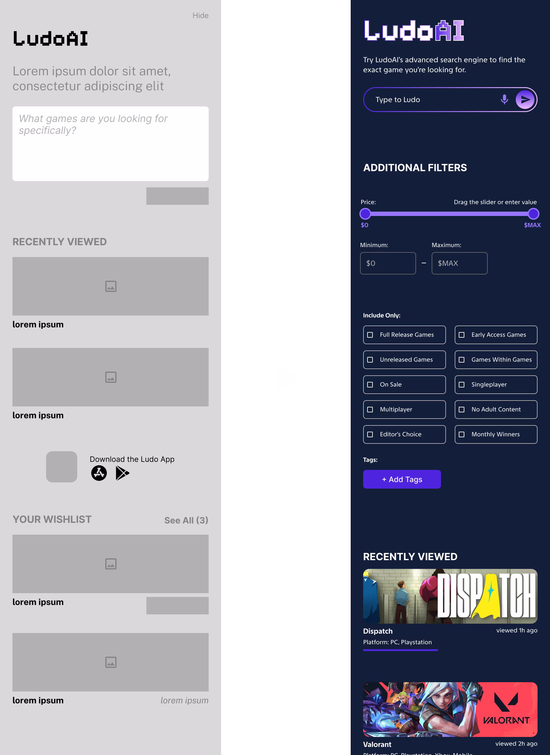 low-fidelity prototype of desktop sidebar to high-fidelity sidebar