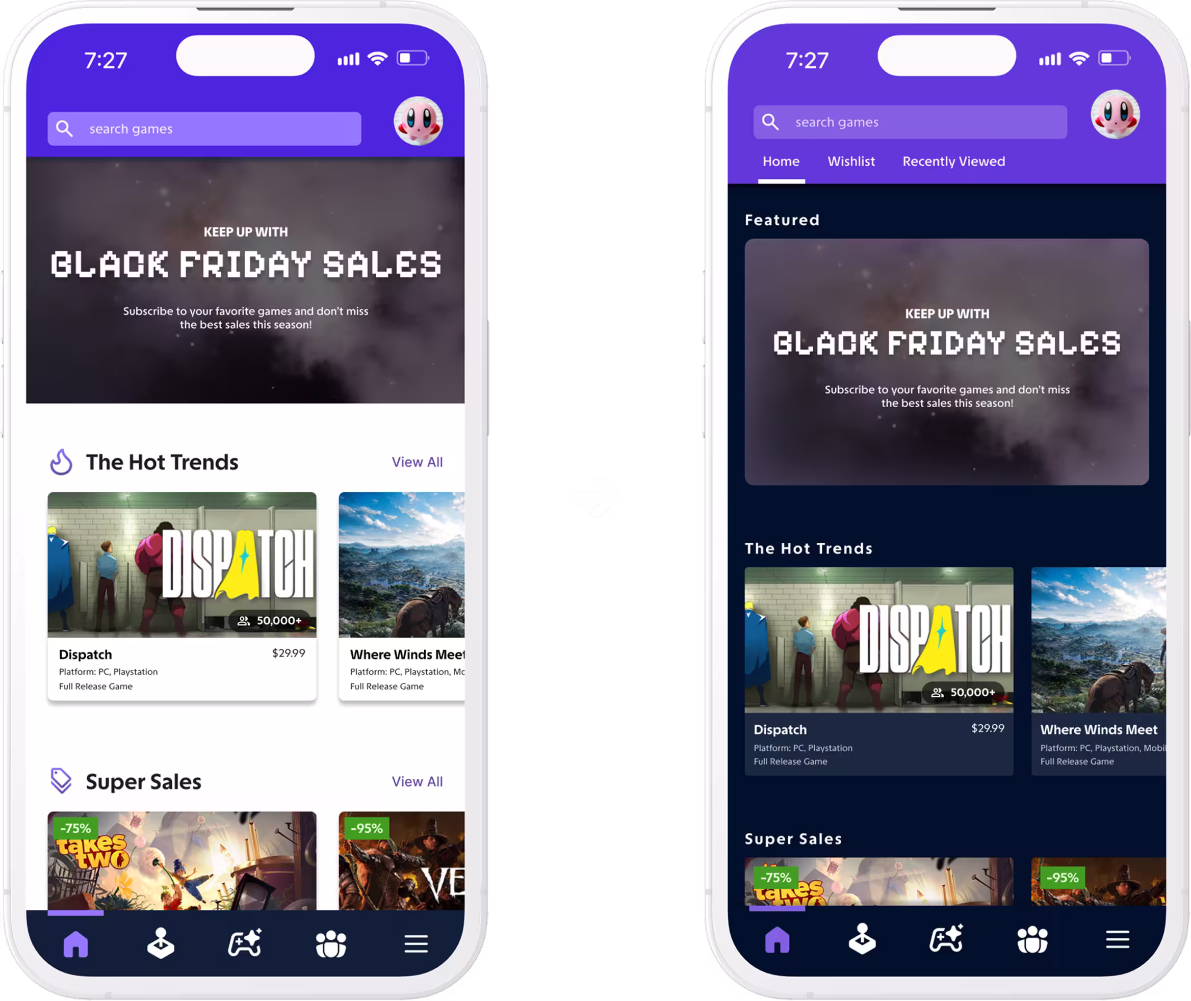 high-fidelity mobile prototype and improved top nav bar version