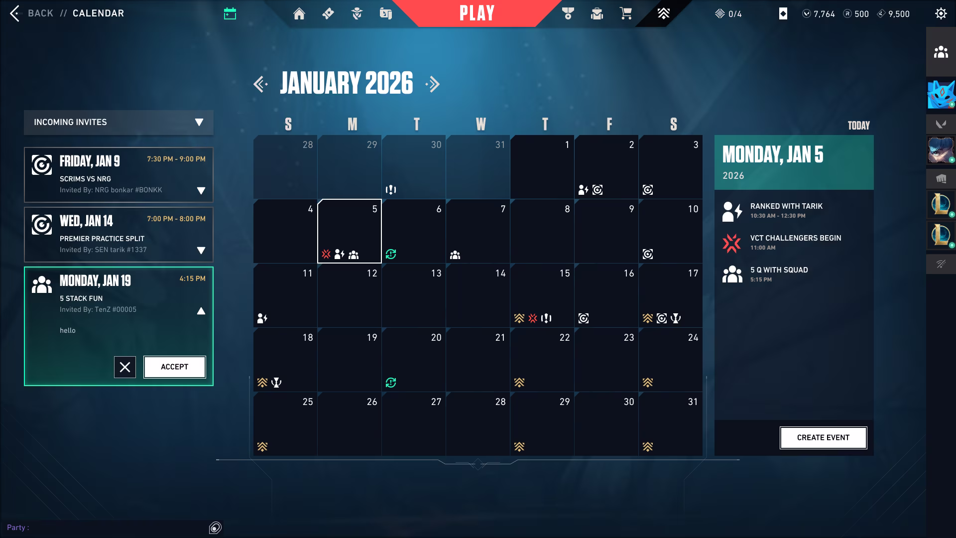 Display of calendar concept showing incoming invites module