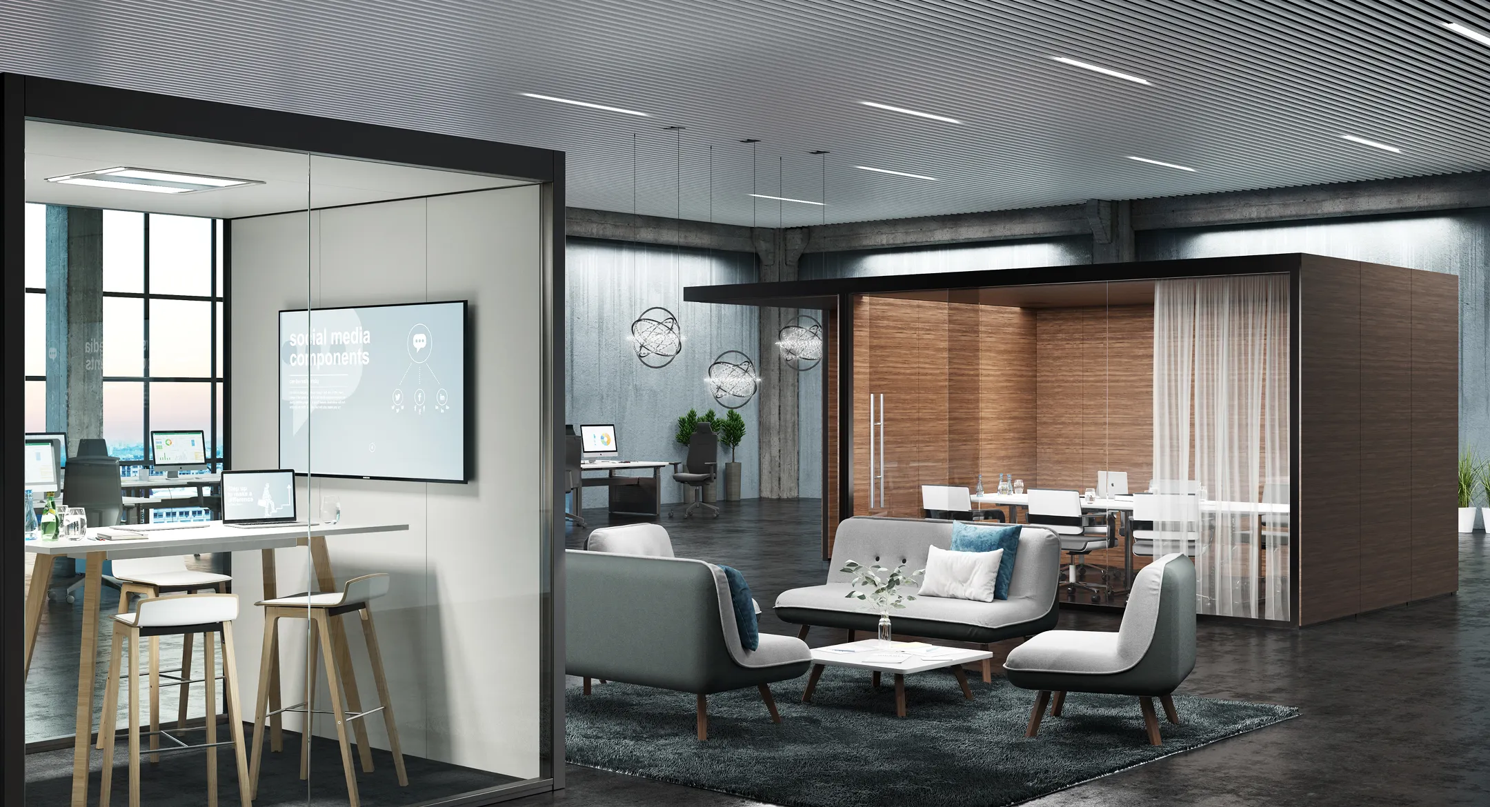 Modern office space with glass meeting rooms, lounge area with gray couches and chairs around a coffee table, and work desks with computers.