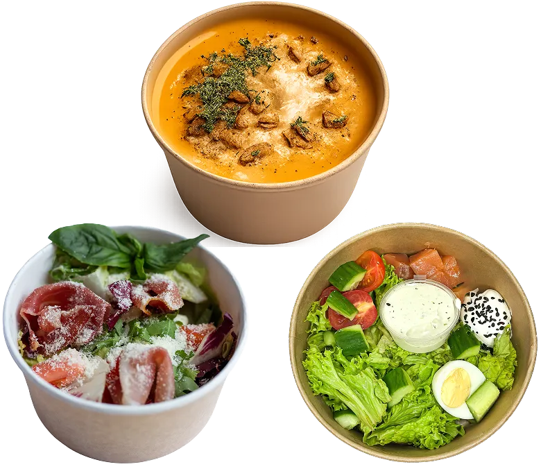 Three bowls with food: orange creamy soup topped with herbs and nuts, fresh salad with leafy greens and prosciutto, and a salad bowl with lettuce, cherry tomatoes, cucumber, smoked salmon, boiled egg, and creamy dressing.