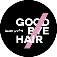Text reading 'GOOD BYE HAIR' with a pink slash through the words and 'laser point' in smaller white font to the left.