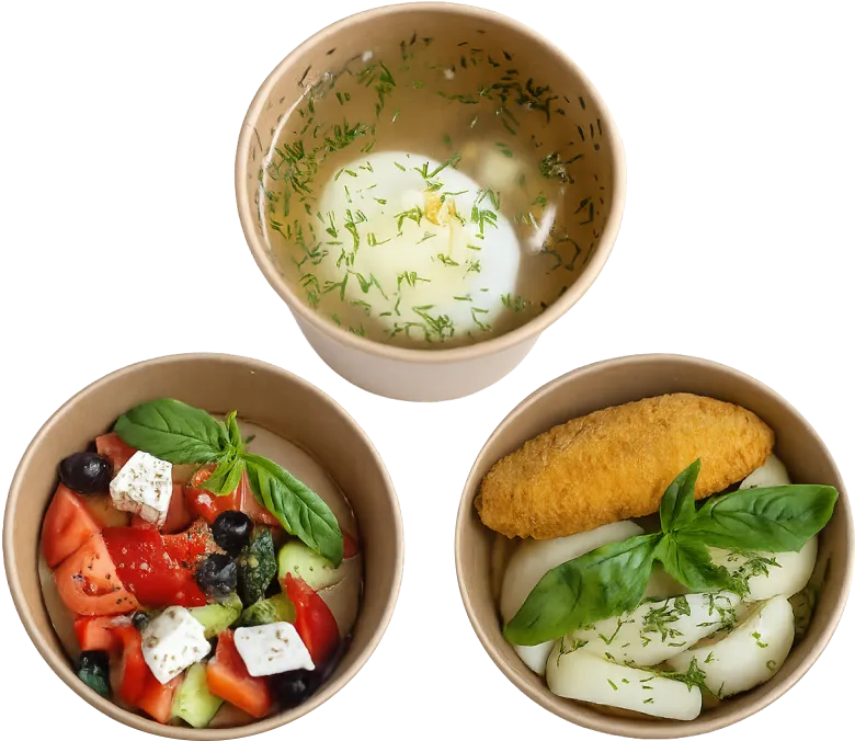 Three brown containers with food: clear soup with herbs and egg, Greek salad with tomatoes, cucumber, olives, and feta, and dumplings topped with greens and a breaded fried cutlet.