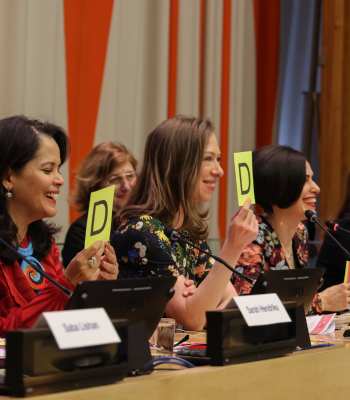 Mona Sinha, Chelsea Clinton, and Fraidy Reiss at the United Nations during the event No Child Left A Bride by Unchained At Last