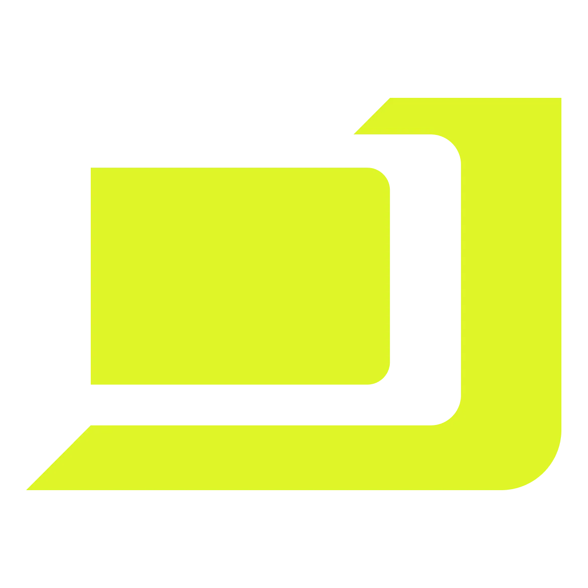 Abstract logo with two overlapping lime green geometric shapes forming a stylized frame.