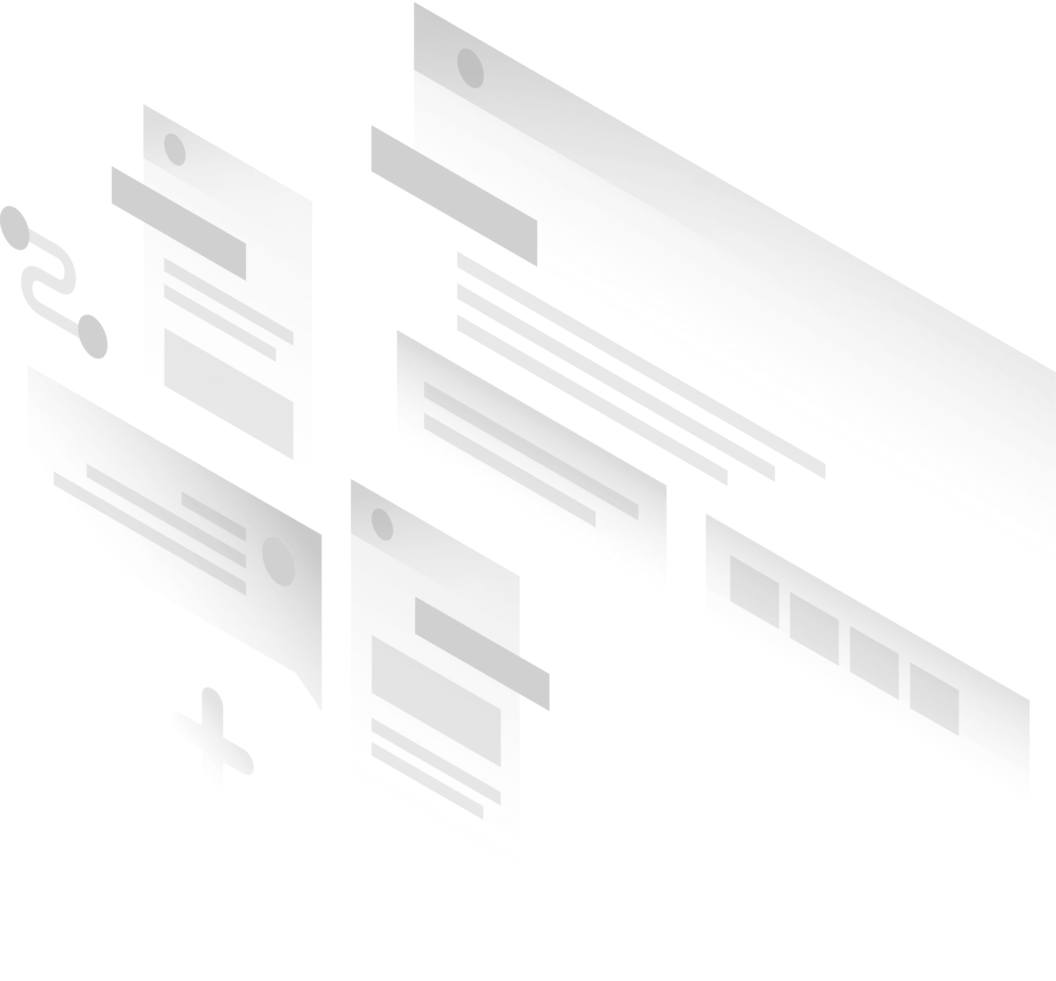 Abstract grayscale illustration of translucent overlapping website wireframe panels with text blocks and icons.