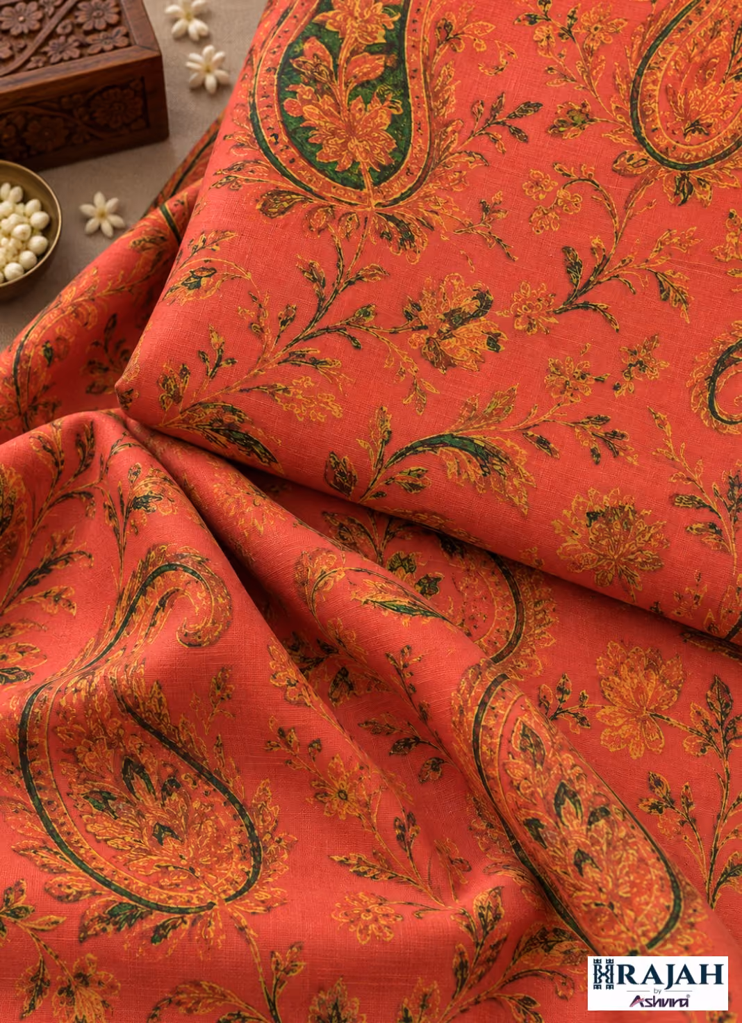Red paisley floral printed kurta fabric by Rajah by Ashvira
