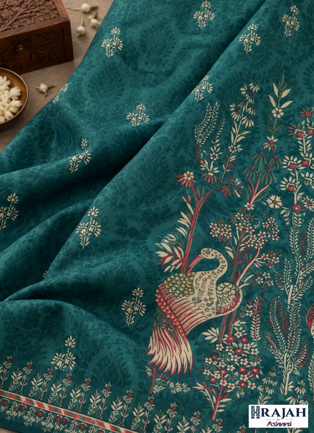 Teal peacock floral digital print kurta fabric by Rajah by Ashvira