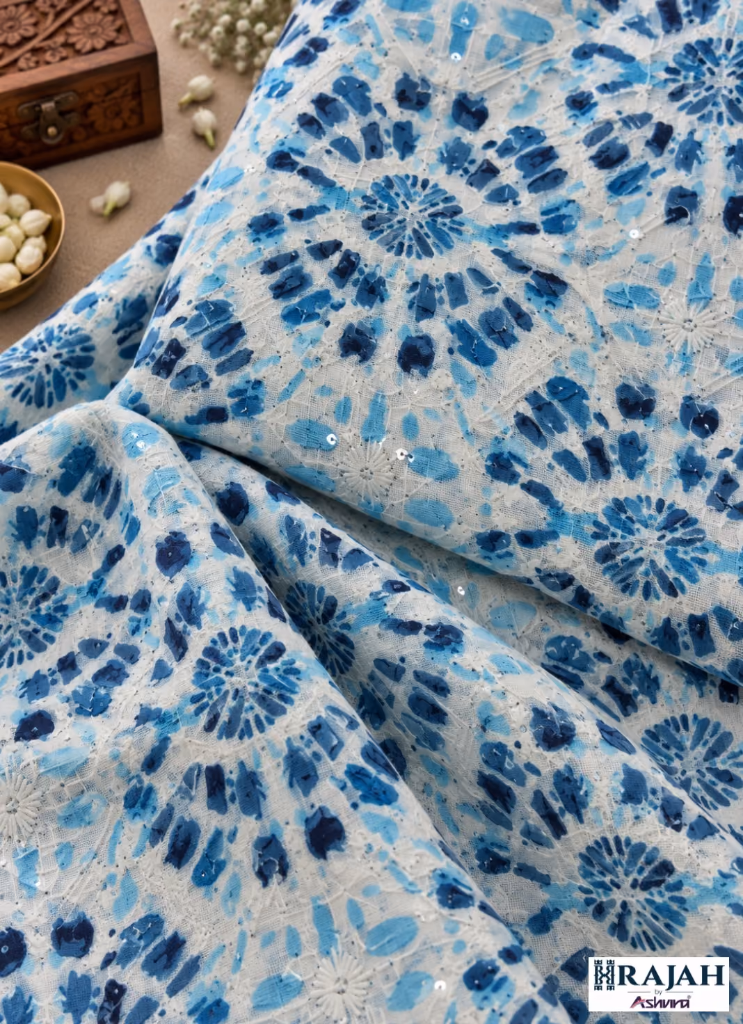 Blue floral digital print embroidery and sequin kurta fabric by Rajah by Ashvira