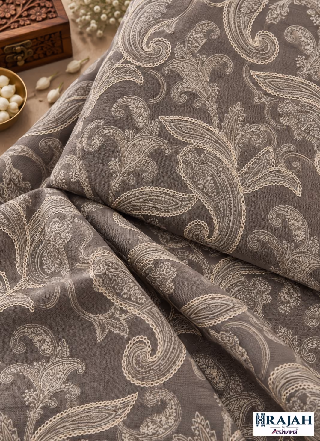 Grey paisley digital print kurta fabric by Rajah by Ashvira