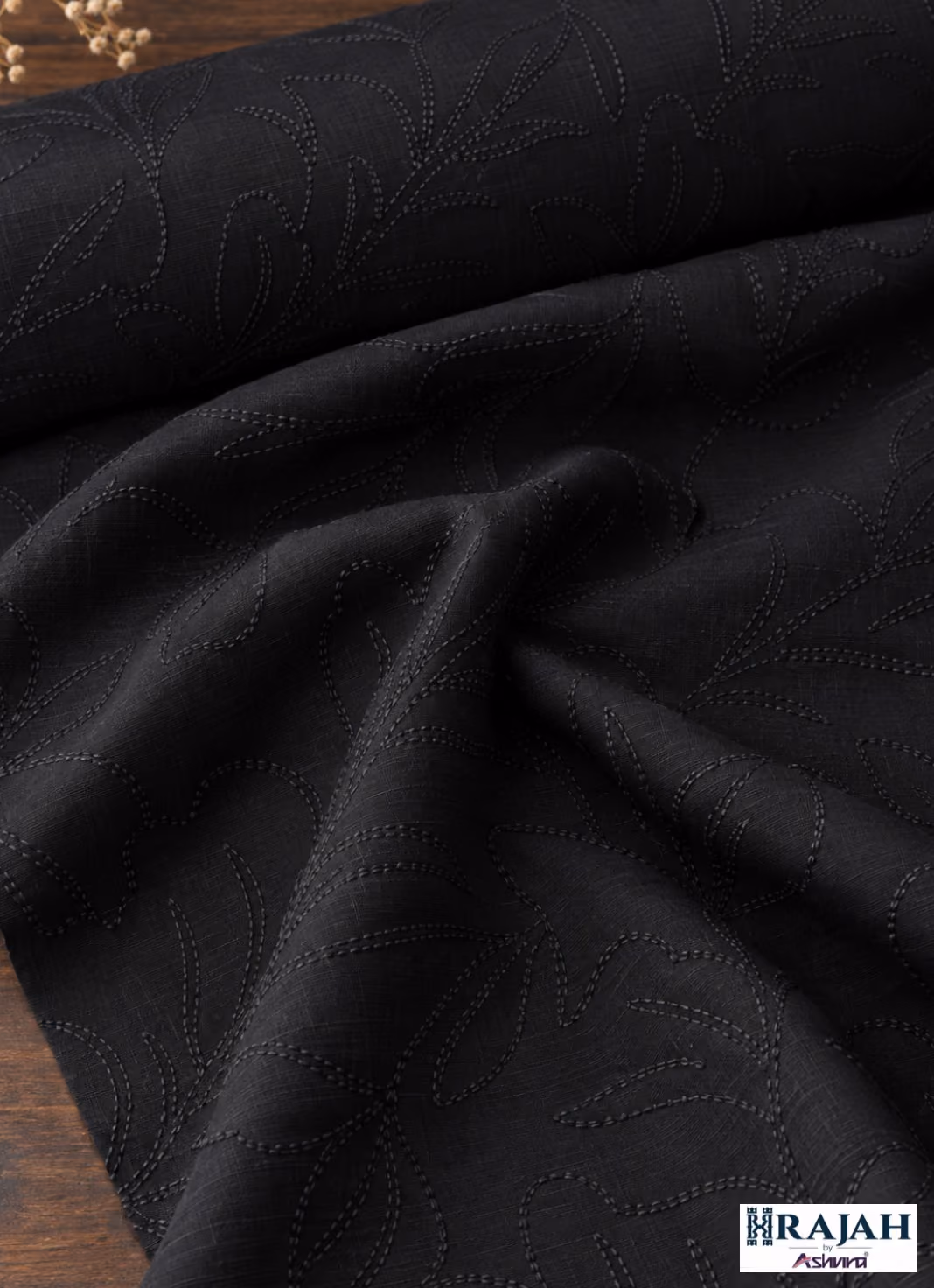 Black tone-on-tone embroidery kurta fabric by Rajah by Ashvira