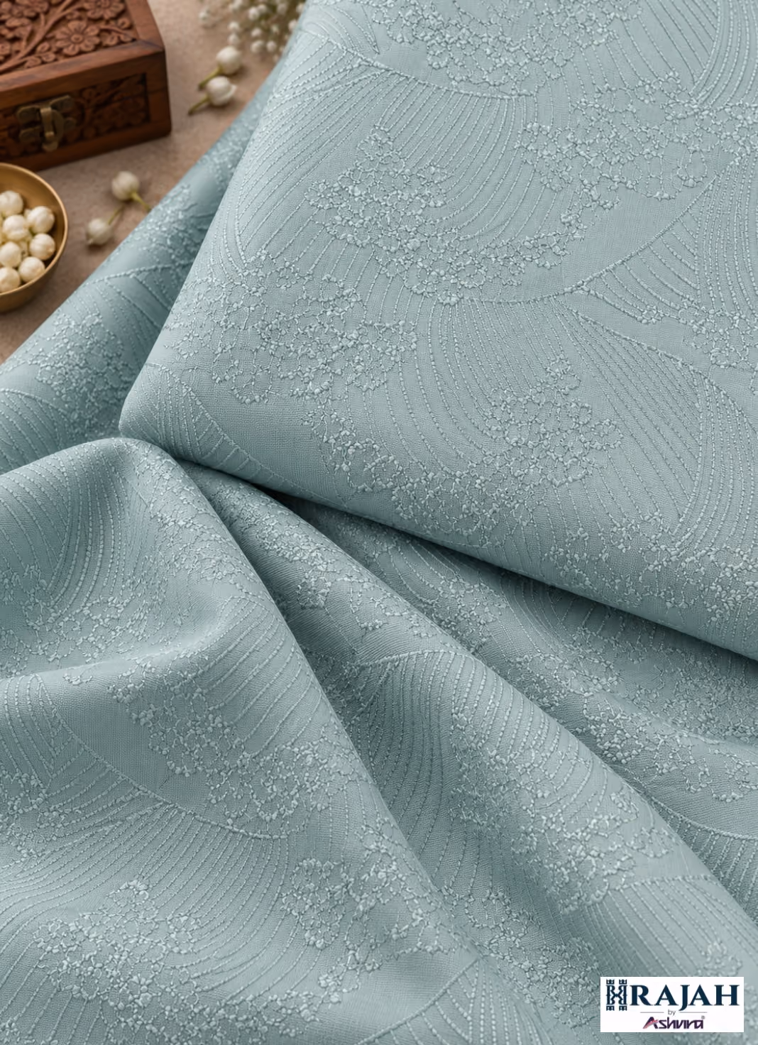Sea green floral jacquard kurta fabric by Rajah by Ashvira