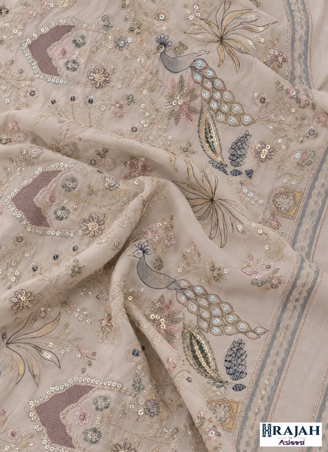 Ivory embroidered peacock panel fabric with floral and sequin detailing by Rajah by Ashvira