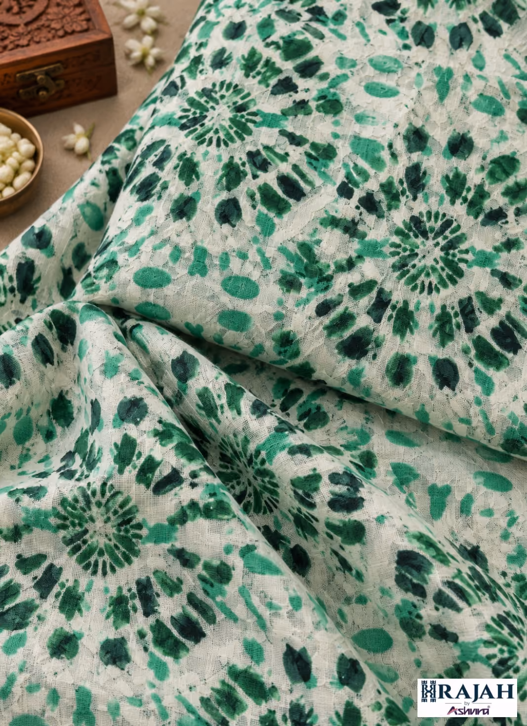White and green floral printed kurta fabric by Rajah by Ashvira