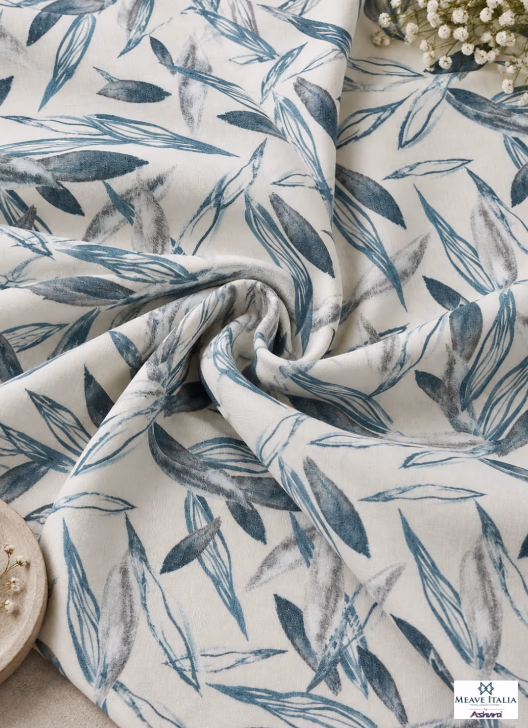 Off-white digital print shirting fabric with teal blue and grey leaf pattern by Meave Italia