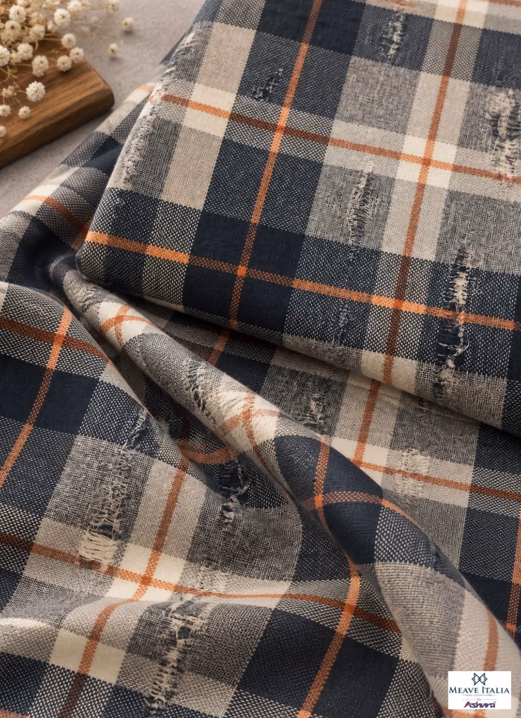 Navy, beige and orange distressed check shirting fabric with textured weave by Meave Italia