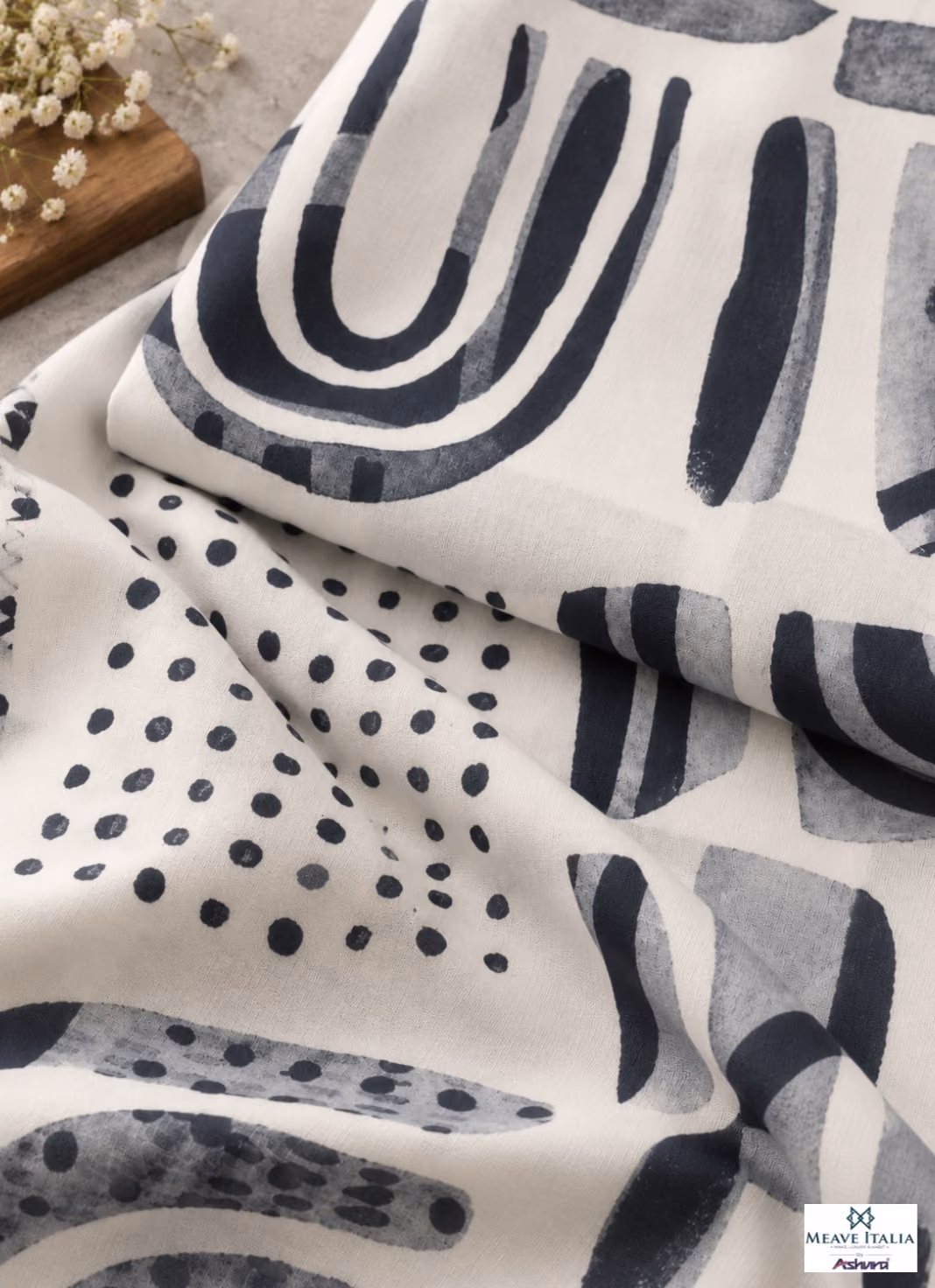 Cream digital print shirting fabric with navy and grey abstract geometric design by Meave Italia