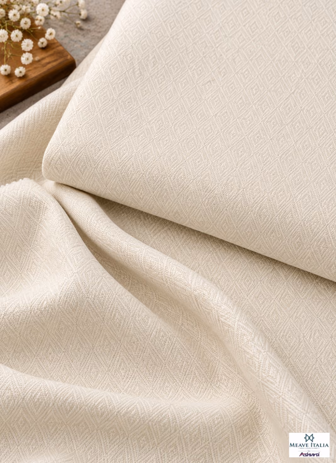 Cream self dobby shirting fabric with fine woven diamond design by Meave Italia