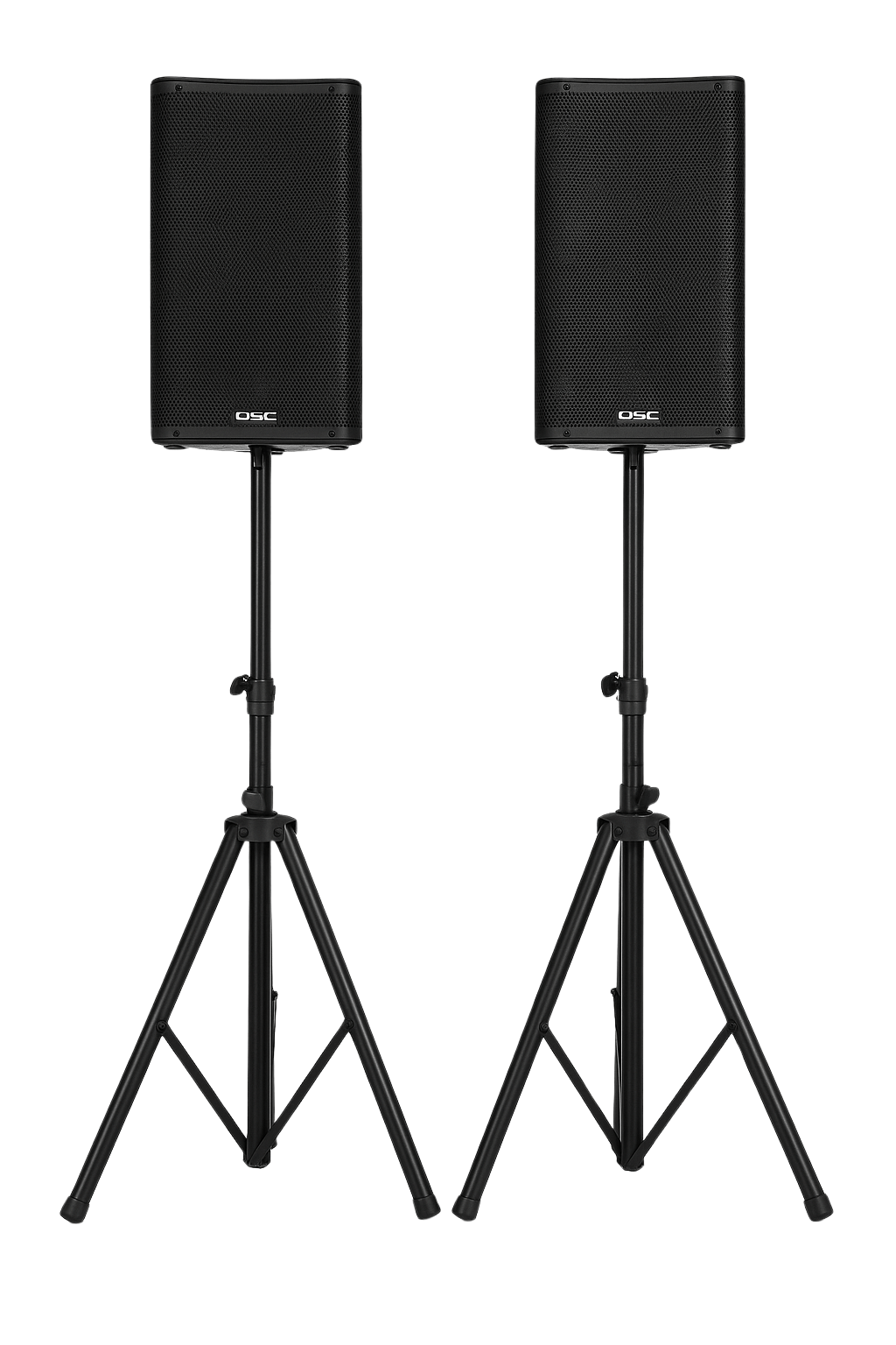 Two black QSC speakers mounted on adjustable tripod stands against a white background.