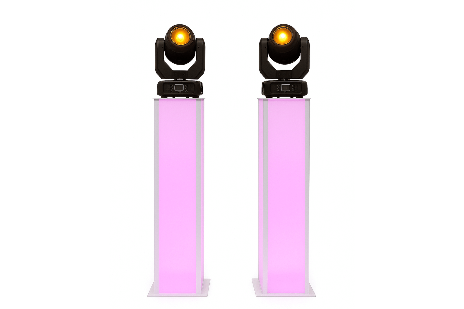 Two black moving head stage lights mounted on tall, rectangular pillars illuminated with pink light.
